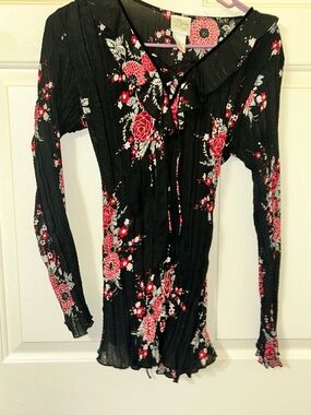 Black Floral Ruffled Neck Long Sleeve Blouse